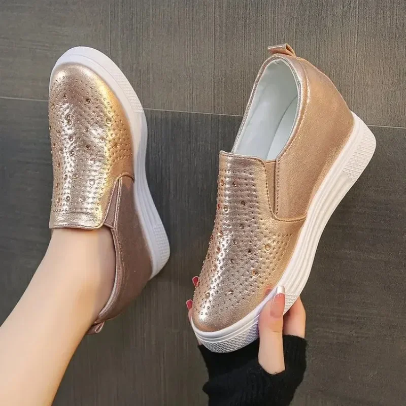 Women\'s Sneakers Hollow Rhinestone Platform Wedge 2023 Spring Fall Hidden Heel Breathable Fashion Shoes Casual Simple Plus Size