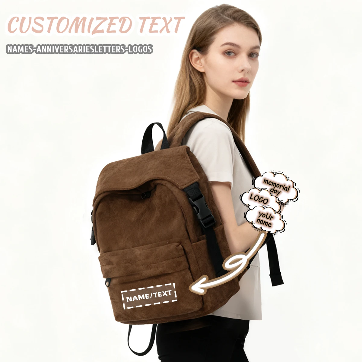 

Рюкзак с логотипом по индивидуальному заказу для женщин, для поездок на работу, замшевый рюкзак, школьная сумка для студентов колледжа, женская эксклюзивная сумка «сделай сам»