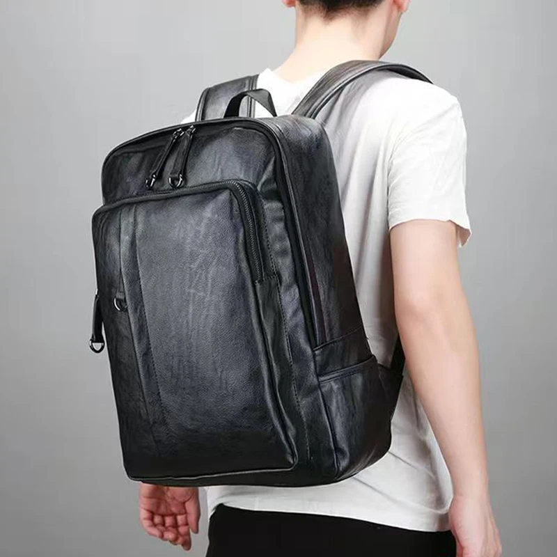 New Leather Backpack Men Leisure Soft GeneralTeenager Male Large Capacity Laptop Backpack High Quality Students Travel Bag