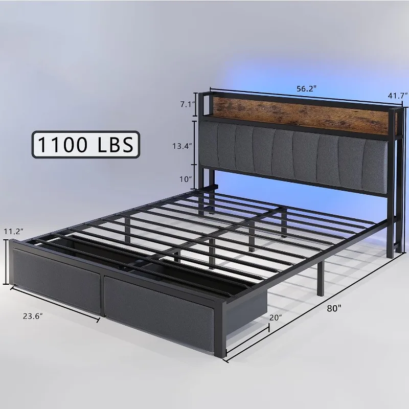 LED Upholstered Full Size Bed Frame with Storage Headboard, Drawers and Charging Station, Easy Assembly, No Box Spring Needed