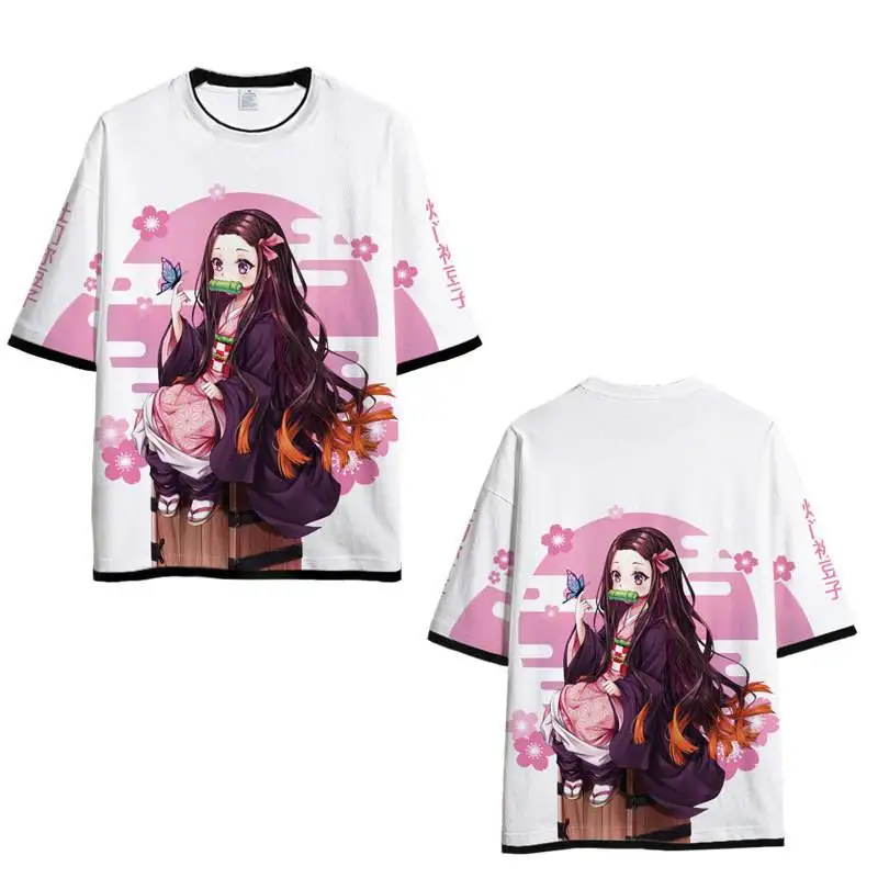 

Men's Demon Slayer Anime 3D Print T-Shirt Kamado Nezuko Character Graphic Tee with Sakura & Butterfly Element Design for Casual