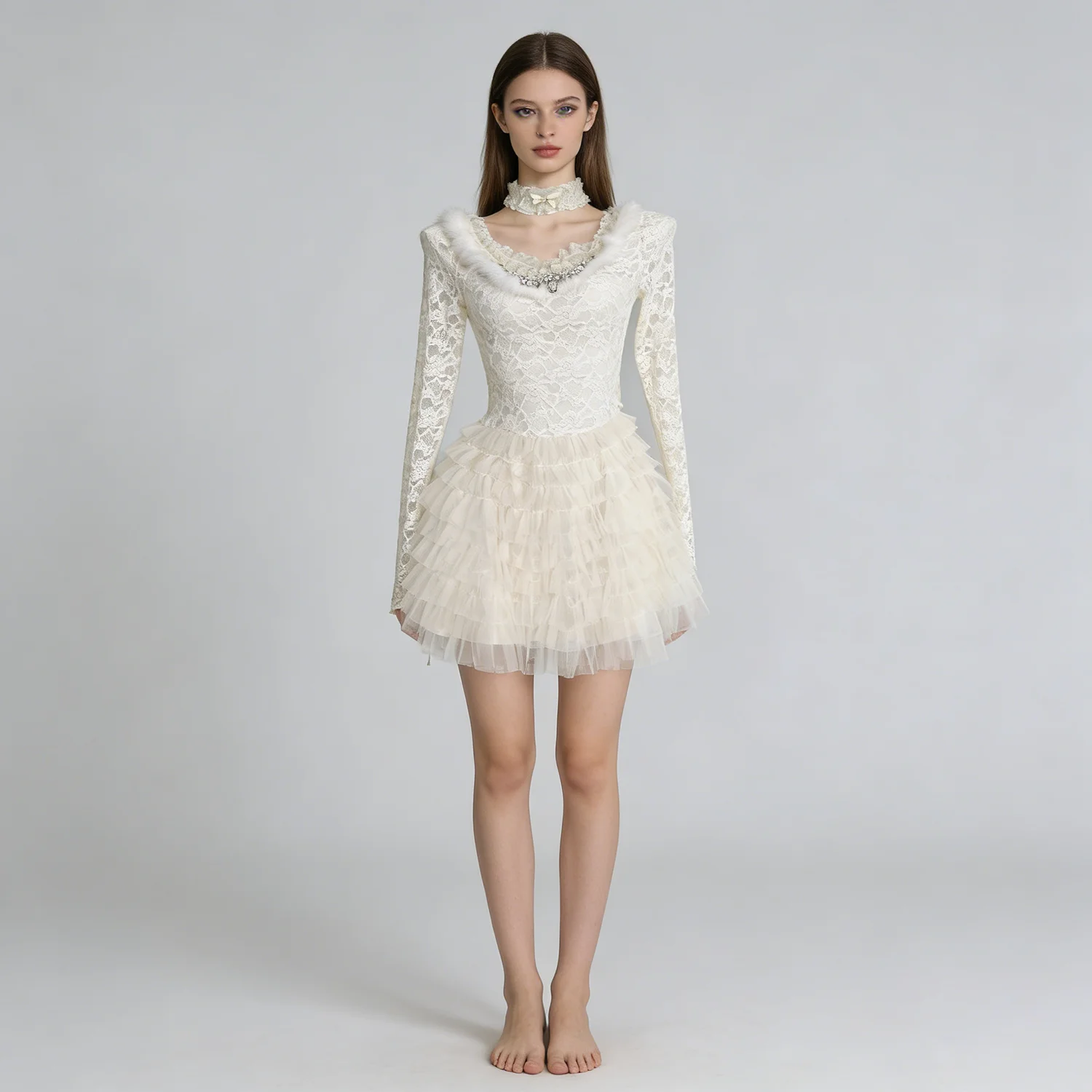 NOVA Women Long Sleeve Lace Tiered Tulle Skirt Bow Decor Pearl Accent Ivory Elegant Party Mini Dress