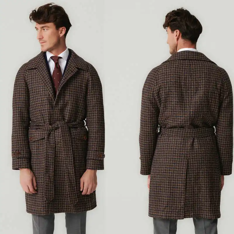 

Vintage Men's Houndstooth Wool Blends Trench Long Coat With Belted Autumn Winter Classic Tailored Outerwear One Piece