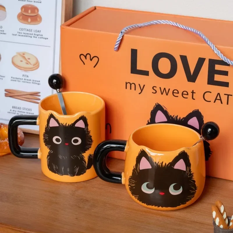

Little black cat mug with spoon couple ceramic water cup household water cup office gift box birthday gift