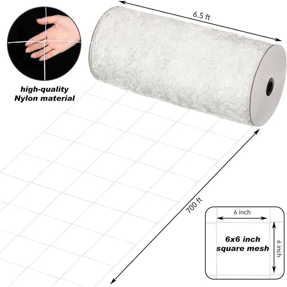 Heavy-Duty 6.5x700ft Nylon Garden Trellis Netting, 6 Mesh for Plant Support, Ideal for Climbing Plants, Grapes, Beans, Tomatoes