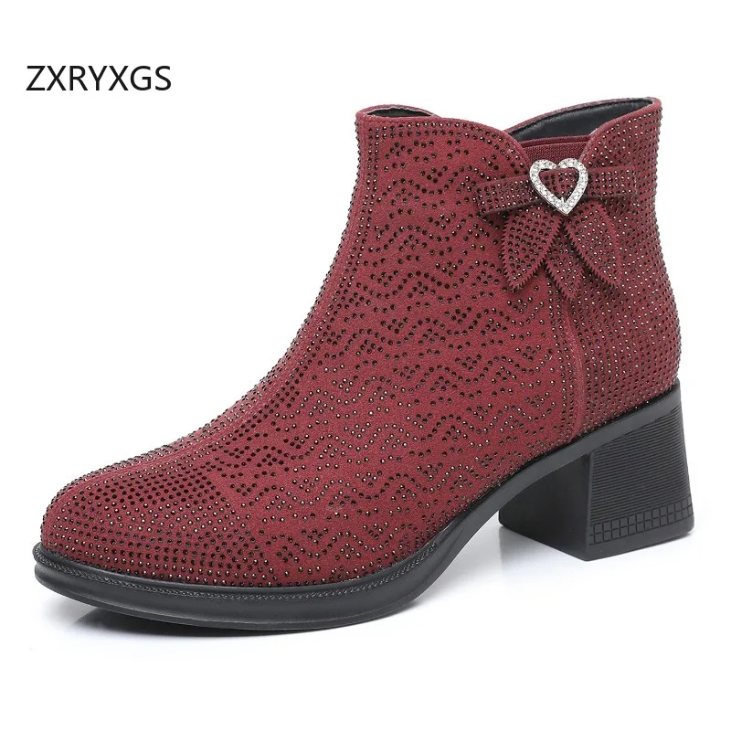 

ZXRYXGS Premium Microfiber Round Toe Rhinestone Boots Women Fashion Boots High Heel 2025 Temperament Elegant Autumn Winter Boots