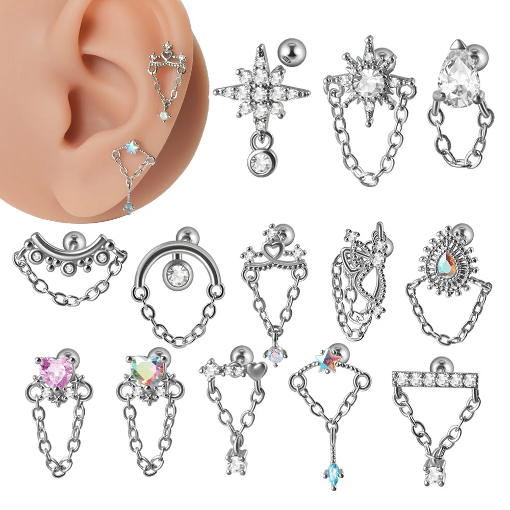 1PC Surgical Steel Heart Cz Ear Cartilage Piercing Zircon Dangle Chain Earring Daith Tragus Helix Lobe Piercing Body Jewelry