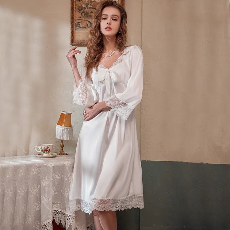 Summer Satin Nightgown Lace Trim Nightwear V-Neck Women Sleepdress With Bowknot Back Elastic Waist Kimono Dressing Gown