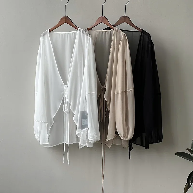 Chiffon Dames Shirt Zomer Effen Vintage Blouses Losse Lange Mouw Vrouwen Tops V-Hals Mode Kleding 2024 Koreaans