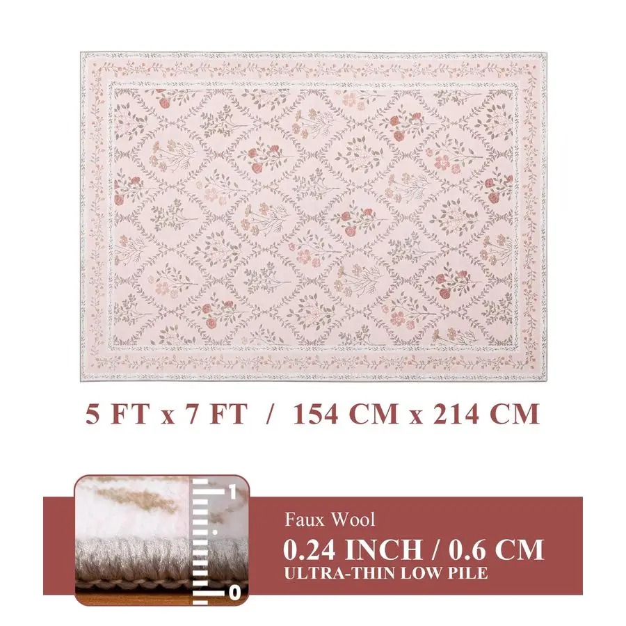 

5x7 Washable Rug for Bedroom, Pink Floral Rugs for Living Room Non Slip UltraThin Large Boho Rug for Kids Playroom, Classroom, G
