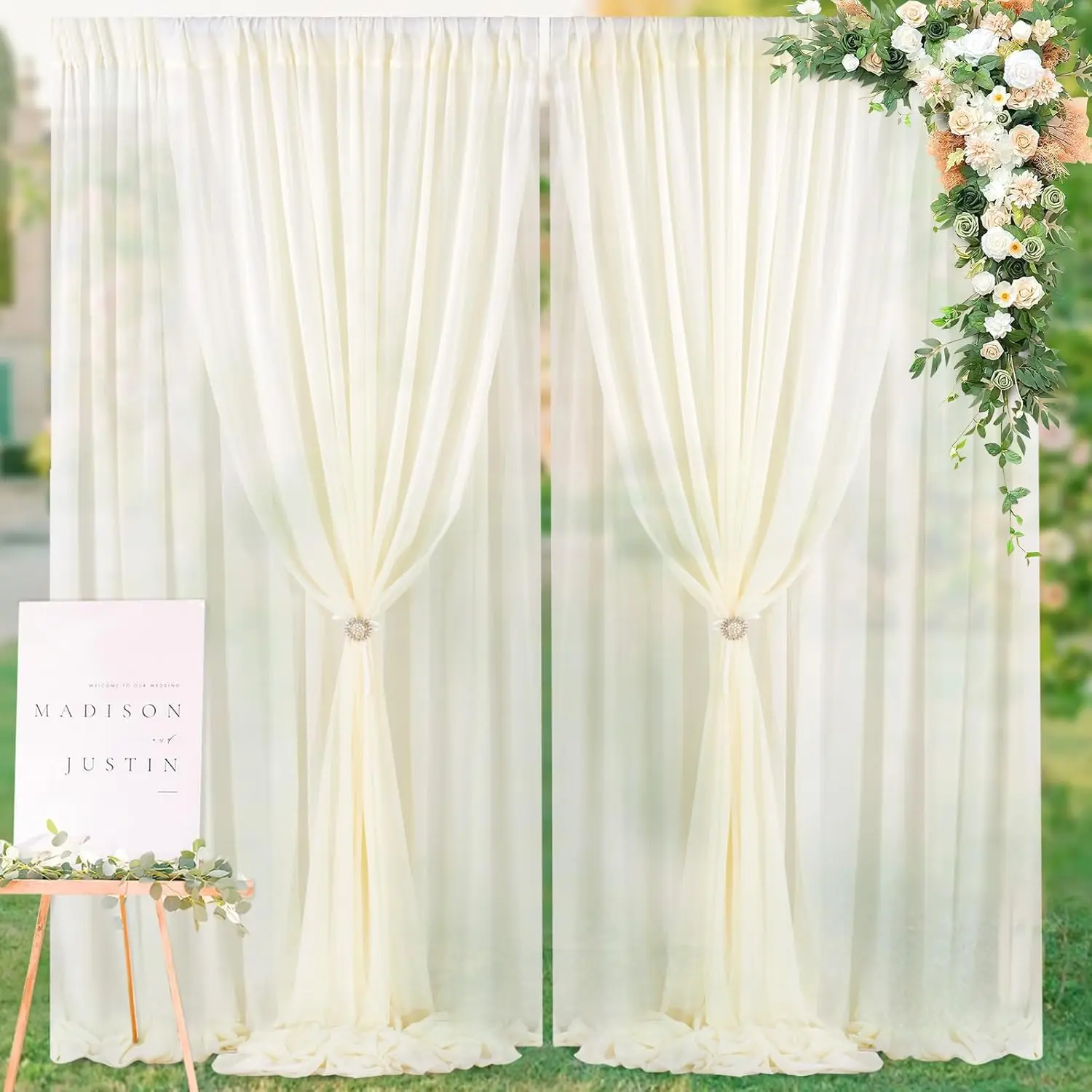 Chiffon Backdrop Curtain Ivory 5ft x 8ft 12 Pieces: Cream Chiffon Curtains Beige Sheer Curtain Backdrop Wedding 60ft x 8ft