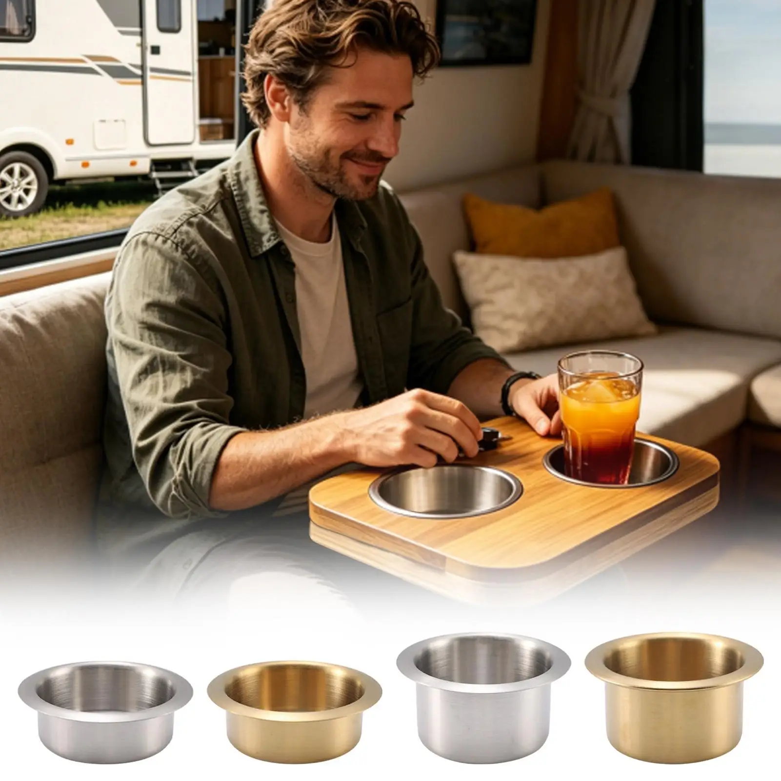 Stainless Steel Boat Cup Holder Insert Silver Drop In Drink Holder for Sofa Coffee Table Lounge Chair Car Yacht RV Truck Interio