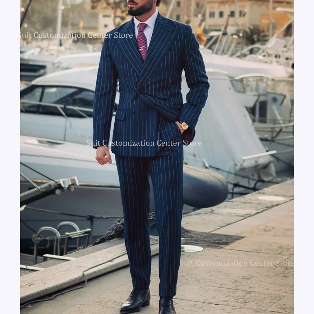 

Navy Blue Striped Suits For Men Handsome Peak Lapel Double Breasted Formal Occasion Business Casual 2 Piece Jacket Pants