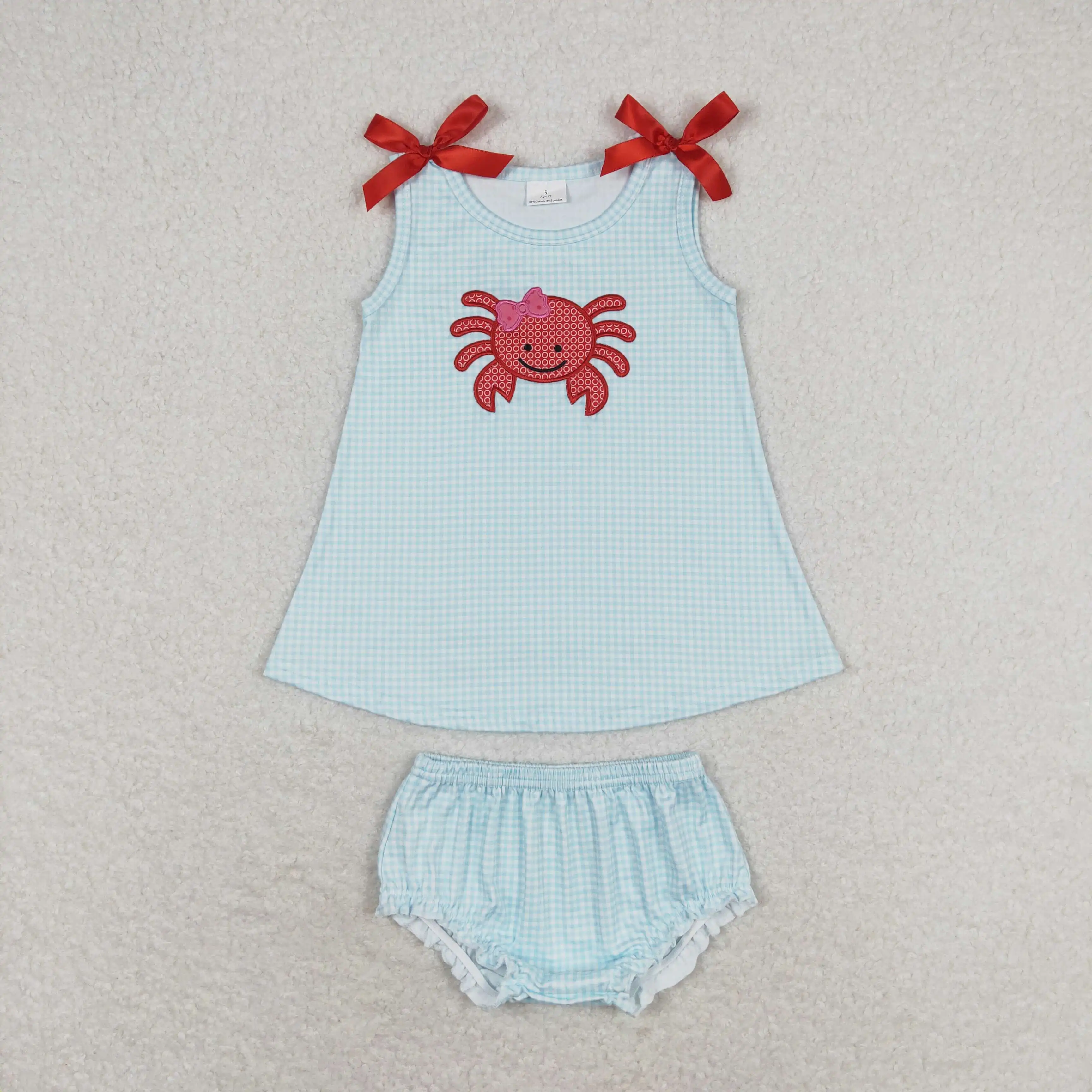 

GBO0267 Wholesale baby girls clothes Embroidered crab plaid sleeveless top briefs sets Boutique toddler clothes for girls sets