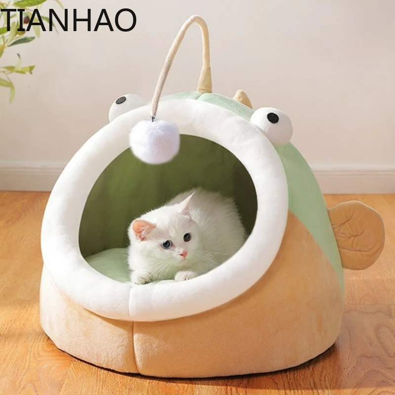 Multifunctional winter cat nest Lantern Fish Cat House Semi-closed deerskin velvet small dog kennel Warm and comfortable