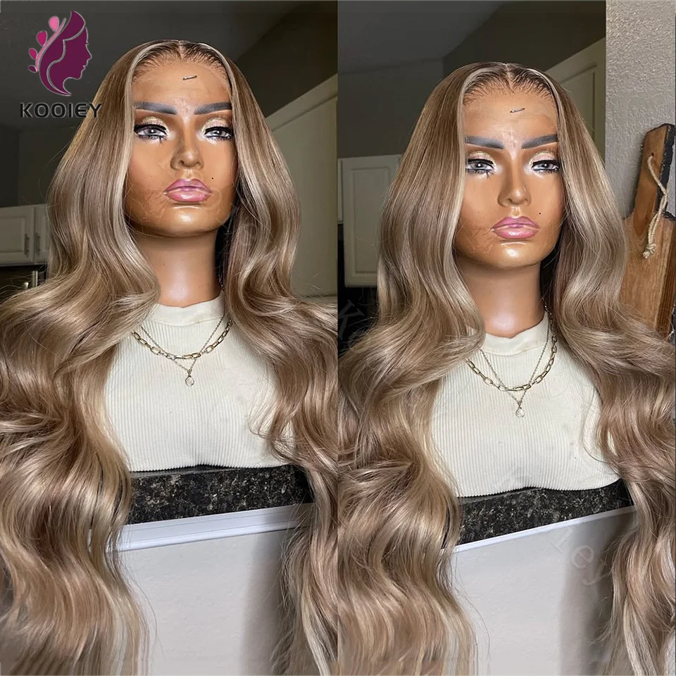 

13x4 Коричневые корни Выделите Цветной парик для женщин Прозрачный парик фронта шнурка Человеческие волосы Предварительно выщипанные Выделите Блондинка Полный парик шнурка