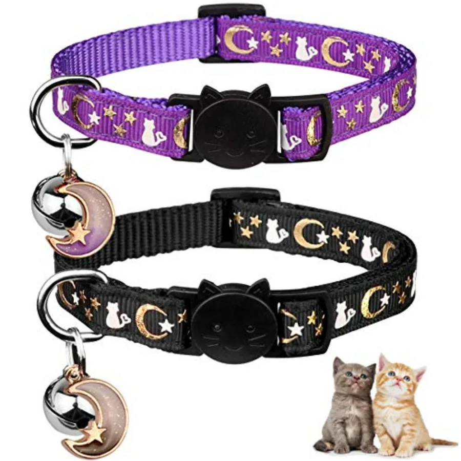 2 Collares de Seguridad para Gatos con Campana, Diseño de Luna y Estrellas, Lindos Collares Ajustables para Gatitos con Colgante que Brilla en la Oscuridad, Color Negro