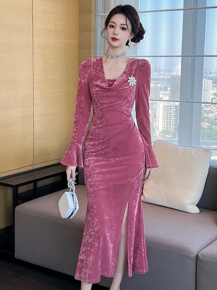 Retro Elegant ชุดยาวผู้หญิงหวานเซ็กซี่พัฟแขนพับ Bodycon Slit Robe หญิงชุดราตรี Vestidos Catwalk ชุด