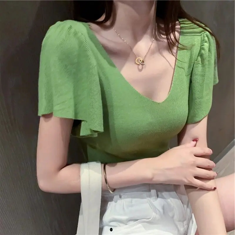 Summer Lady New Puff Sleeve V-neck Short Sleeved Knitting T-shirt Solid Color Slim Comfortable Affordable All-match T-shirt