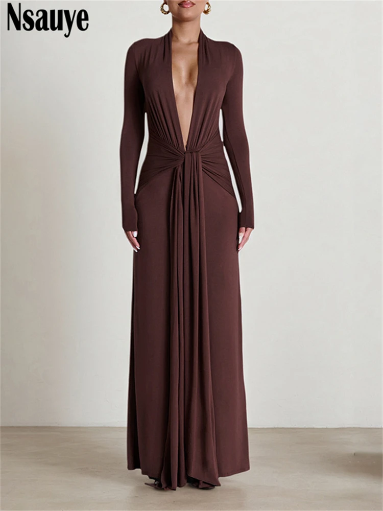 Nsauye Women New Fashion Vintage Elegant Holiday Low Cut Out V Neck Maxi Long Sleeve Dress Sexy Club Party Evening Dress 2025
