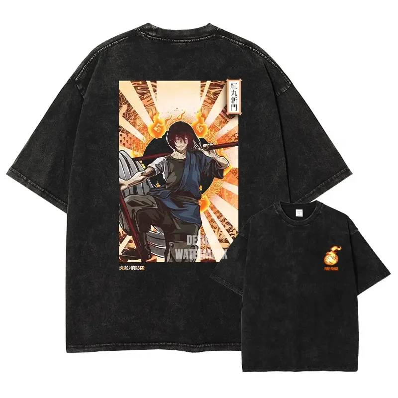 Bandai Anime F-Fire F-Force T Shirt Vintage Washed Shinra T-shirts Retro Streetwear Benimaru Tops Man Cotton Tee Streetwear