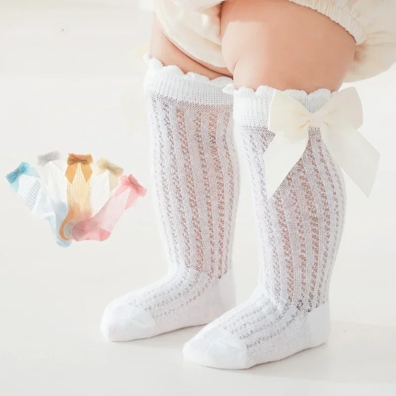 Thin Kids Knee High Socks Baby Girls Boys Bow Long Sock Soft Cotton Mesh Breathable Children Hollow Out Socken for 0-3 Years