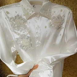 New In 2024 White Beaded Sequined Embroidery White Shirts For Women Long Sleeve Buttons Up Blouses Fashion Top