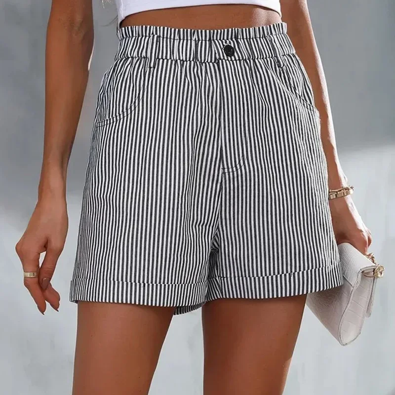 Short imprimé à rayures pour femmes, poches décontractées, vêtements d'été, taille élastique, bouton patchwork, pantalon droit, nouvelle mode