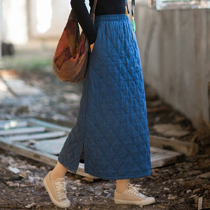 Gonne in cotone ramiè invernale da donna vintage stile A Vita elastica a vita alta 2025 Gonne lunghe spesse calde in cotone stile cinese più