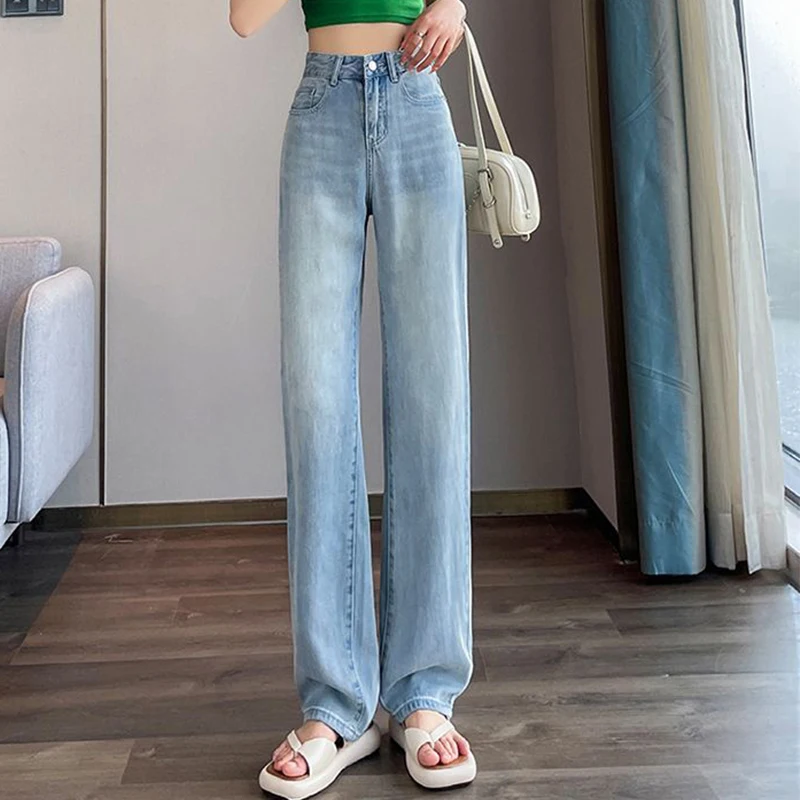 Wide Leg Silk Jeans for Women 2024 Summer New High Waist Straight Loose Floor Sweeping Pants Fashion Thin Jeans