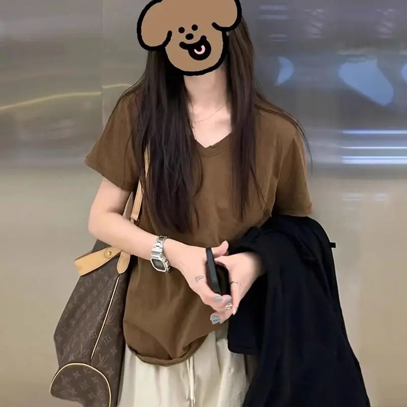 

V-neck Solid Color Short-sleeved T-shirt for Women's Summer Clothes Hong Kong Flavor Chic Loose Slimming Half-sleeved Top