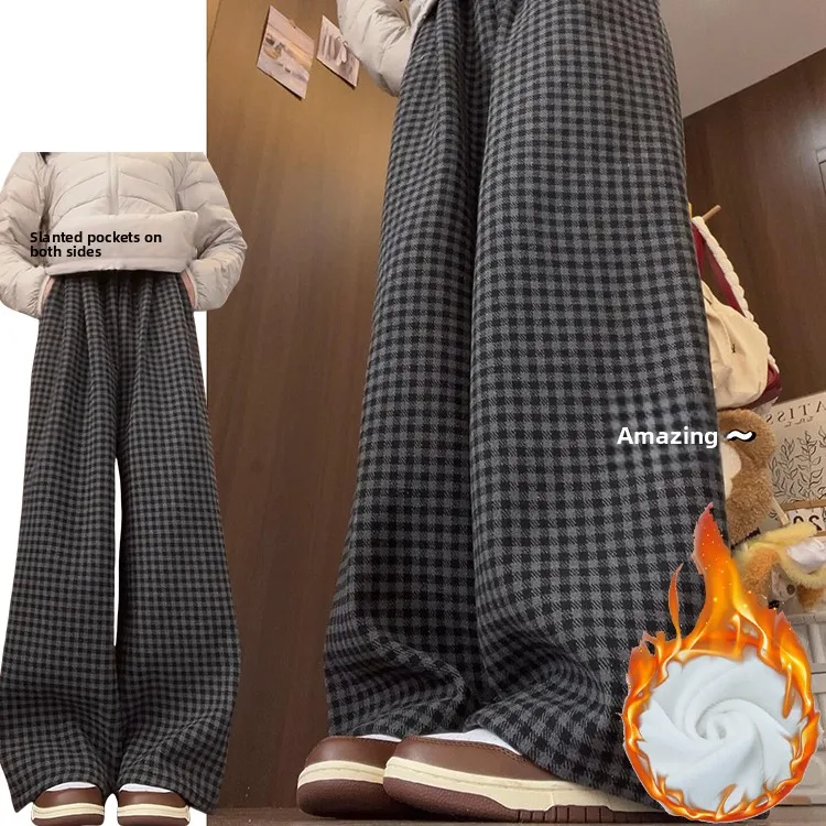 Plones Anchos de Terciopelo ueso a Cuadros Retro ises para Mujer, Estilo Coreano, Cintura Alta, Corte Recto, Fibra de...