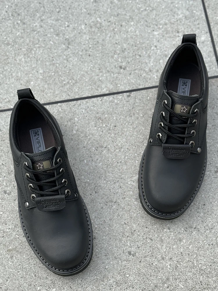 Men Black Shoes Casual Genuime Leather British Style Shoes Oxford Bottomed Lace-up Work Shoes Low Help Male Boots