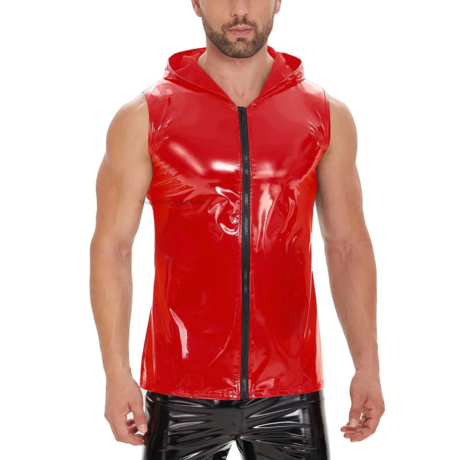 

Mens Faux Leather Hooded Shirt Full Zipper Glossy PVC Leather Tank Top Vest Sleeveless Shaping Wet Look Shirt Men's Hoodies Vest