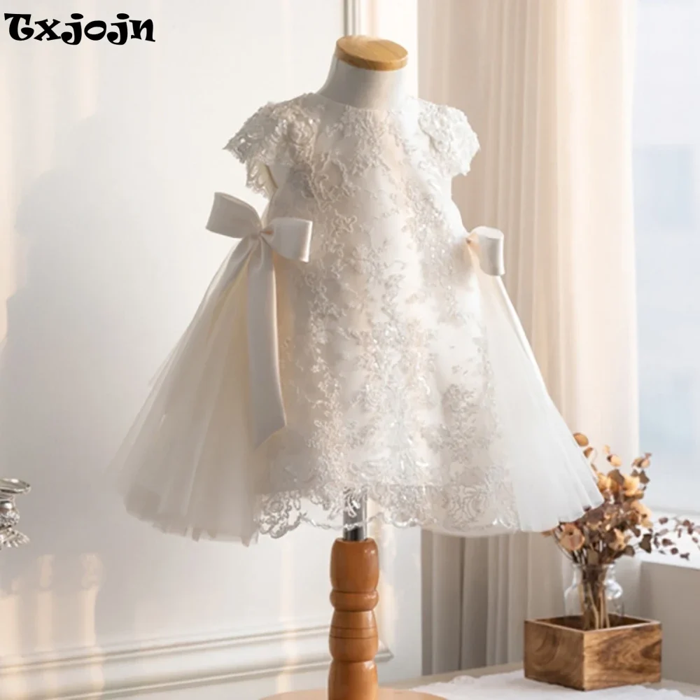 

New Arrival Sequined Lace A-line Tulle Flower Girl Dress For Kids Birthday Party Cute Bow O-neck Girls Dresses Stage Performance