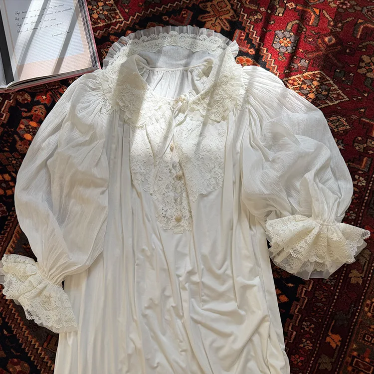 Classical Retro Fairy Modal Lace Nightgown Women Sweet French Style Pajamas Home Wear Palace Gown White Spring Autumn Loungewear