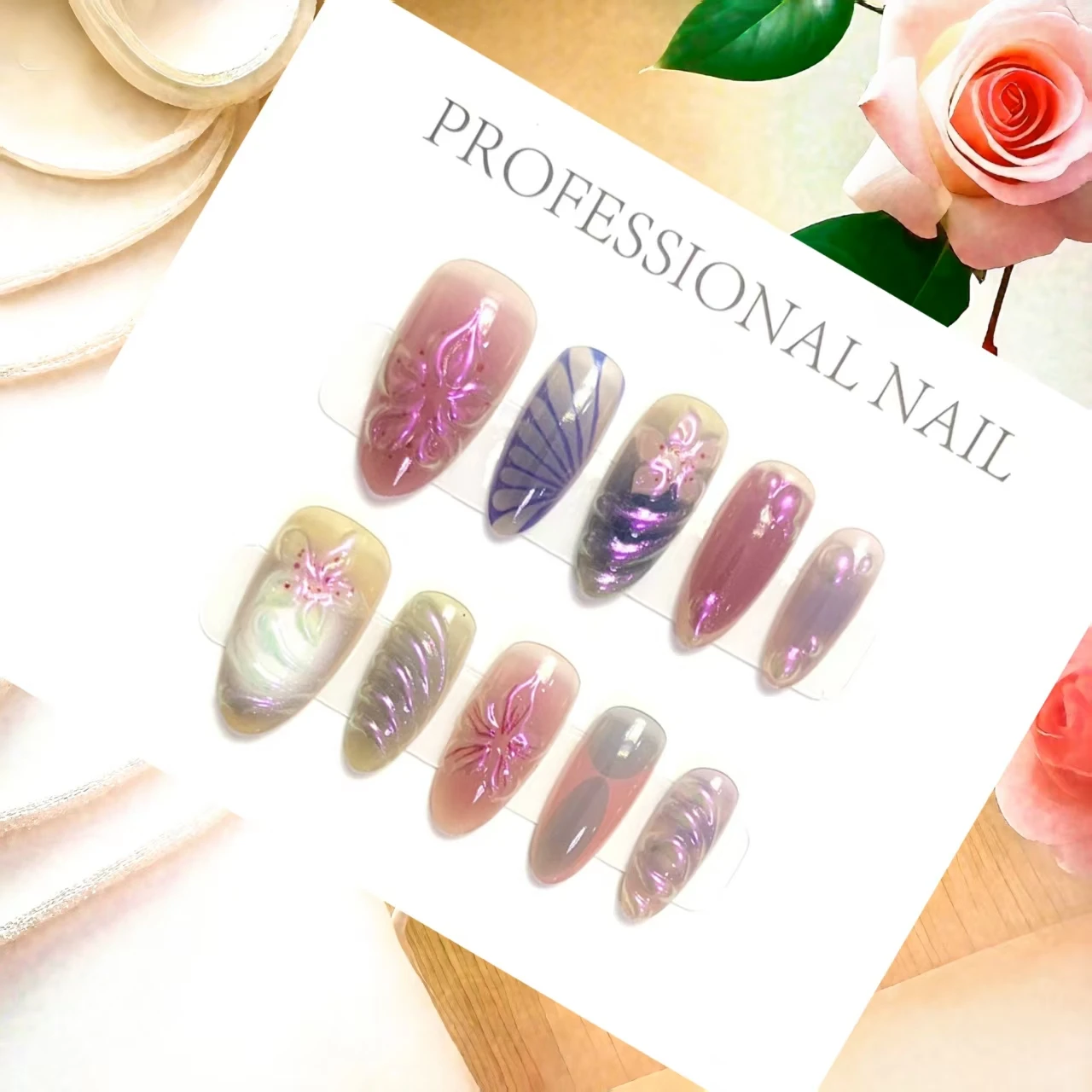 

10 шт., роскошные накладные ногти ручной работы в форме миндаля, дизайн розмарина Авроры, гламурные накладные ногти с инструментами из 4 шт., клейкие вкладки