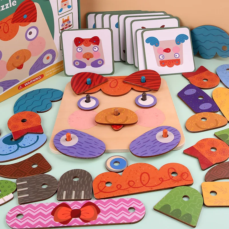  Board Early Educational  Wooden Toy  Gift Creative Fun Cartoon Animal  Expression Face-changing Jigsaw Puzzle Toy