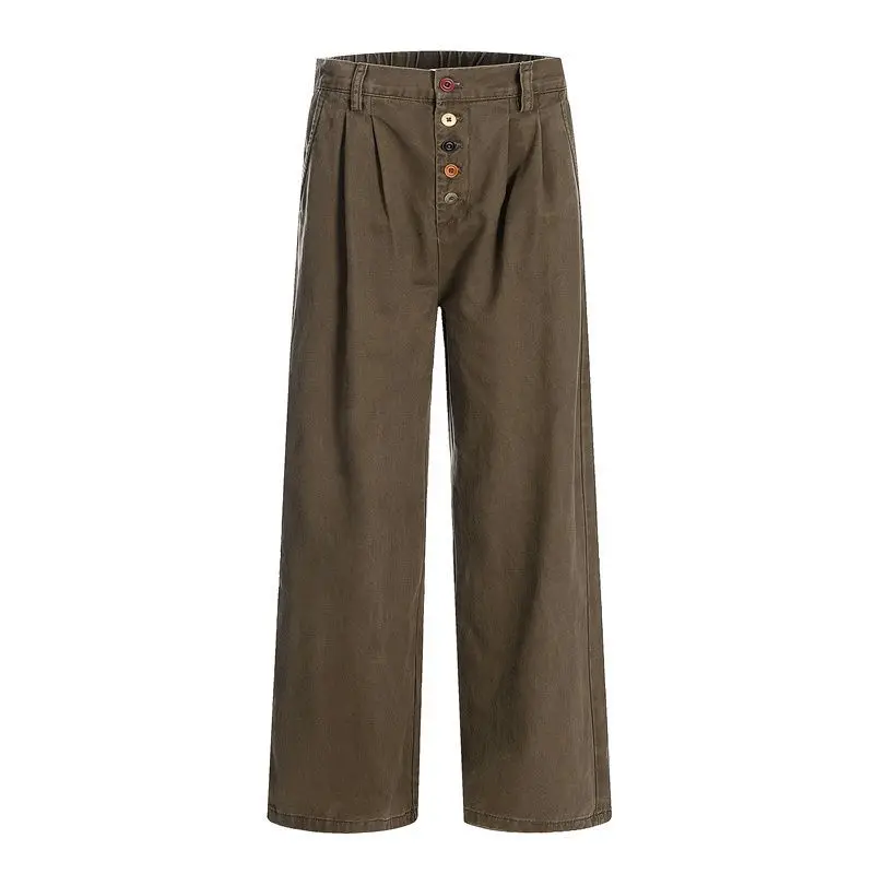 Men's Single-breasted Cargo Wide Legs Jeans Street Sweatpants Cool Boy Casual Pants Spring Bottom Male High Waist Trousers