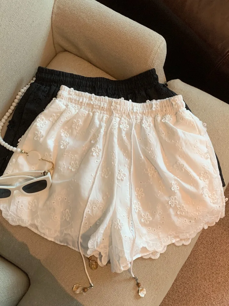 Elegant High Waist Embroidered Lace Shorts Women's Summer Fashion Slimming Base Layer Casual Pants Korean Style Commute