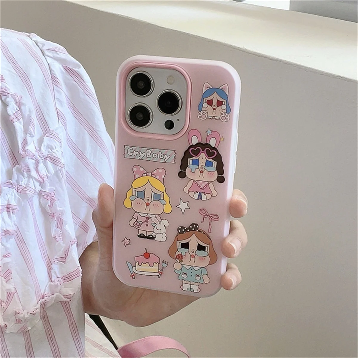 

Fashion Cute Pink Cry Girl Phone Case For iPhone 17 Pro 14 15 16 Pro Max Back Cover Shockproof Cases with Chain Strap