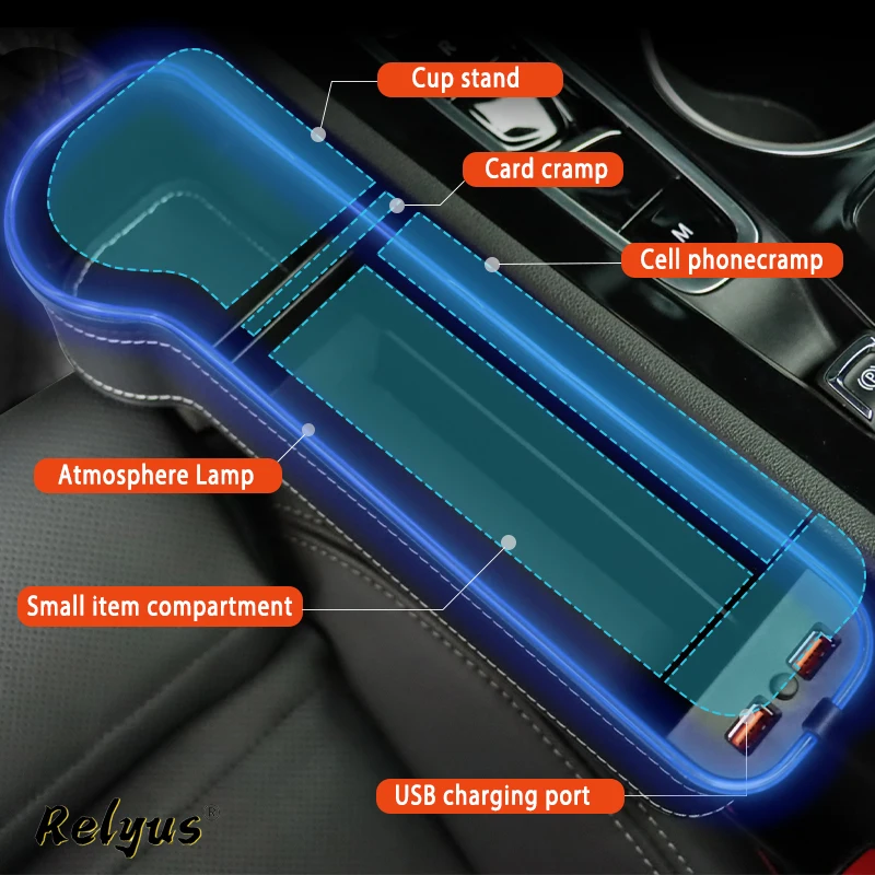 Car Seat Gap Filler Organizer Storage Box Holder 7 Colors Atmosphere Lamp USB Charging for Nissan Murano 1 2 3 Z50 Z51 Z52 Logo