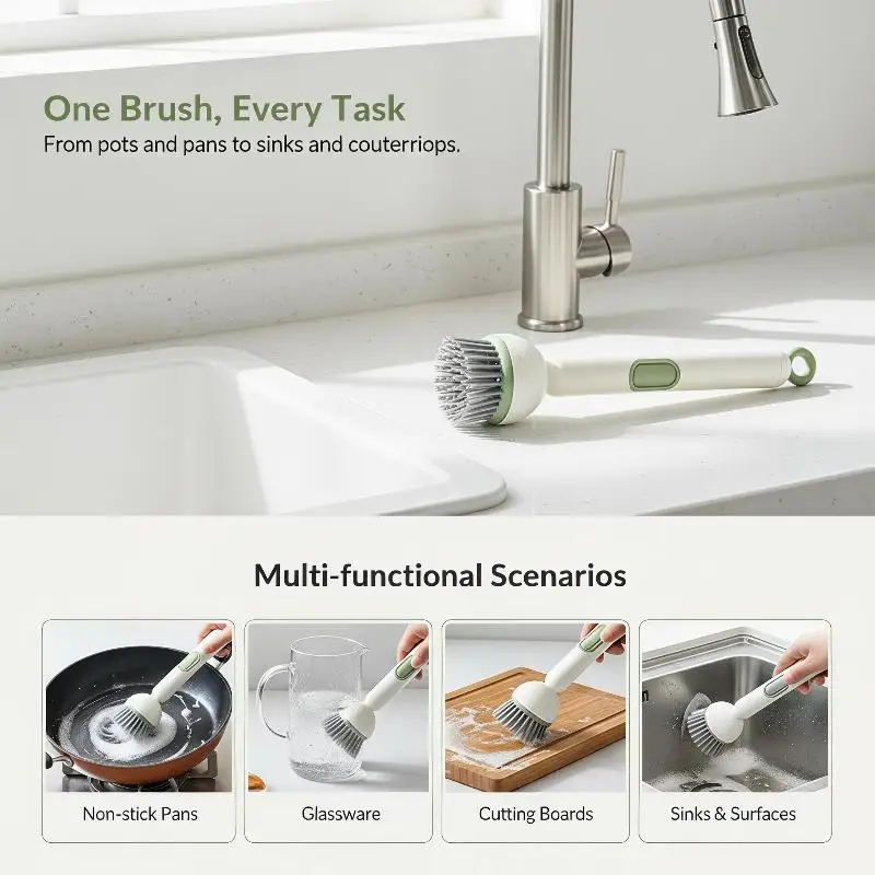 Soap Dispensing Dish Brush Long Handle Adjustable Food Safe Scrubber for Kitchen Pot Pan Sink Daily Cleaning