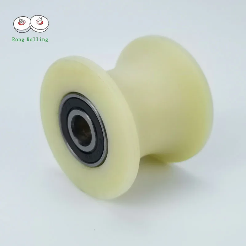 Sliding grooved nylon roller diameter 60mm,thickness 48mm,U-groove diameter 50mm,gate nylon wheel with double 6201RS bearings.