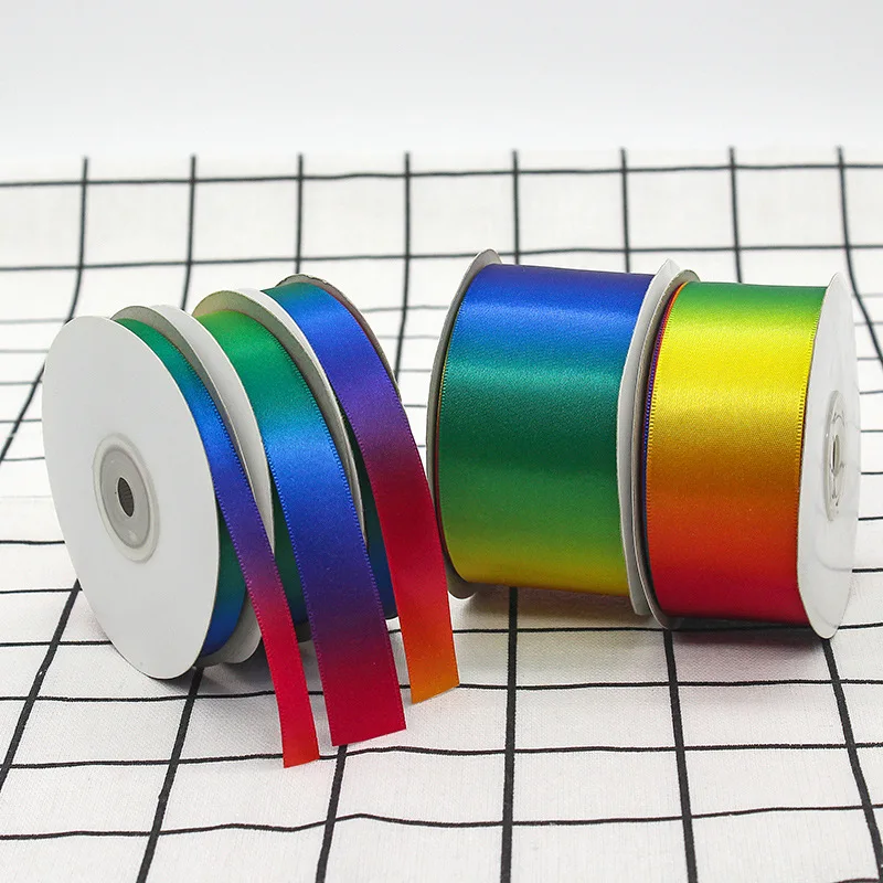 25Yards/Roll Gradient Rainbow Satin Ribbons 10/15/20/25/40/50MM For Wedding Birthday Party Handmade Gift DIY Wrapping Supplies