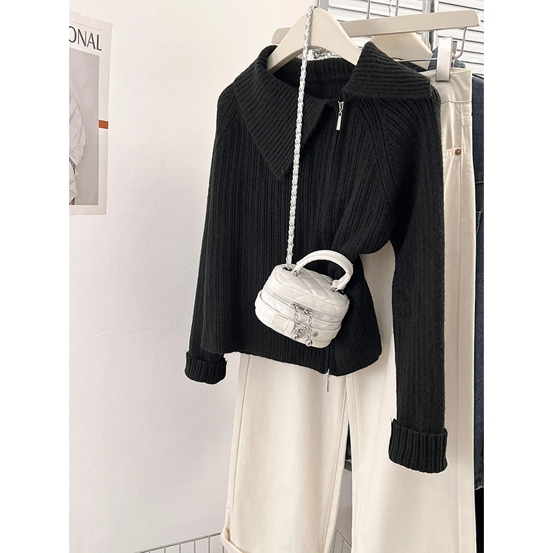 لينة محبوك مزدوجة سستة الياقة سترة المرأة الخريف الشتاء الراقية الشعور الحليب سلسلة تخفيف Sle طويل Sve