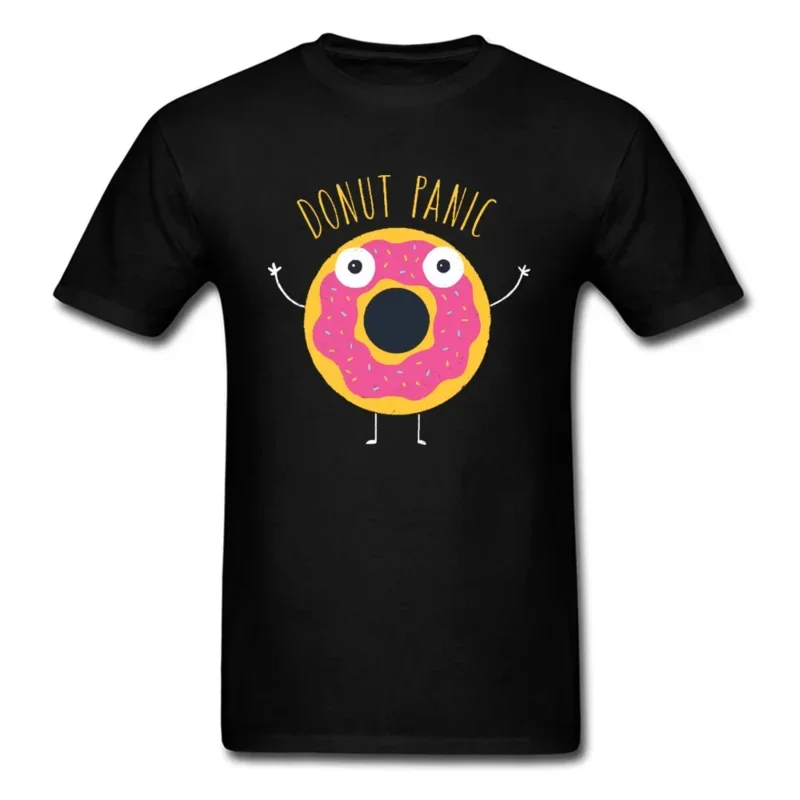 Donut Panic T-shirt Funny Men Summer Tshirt Men's Cartoon Tees Hip Hop Don't Panic Cartoon Swag Tops Cotton Birthday Party Shirt