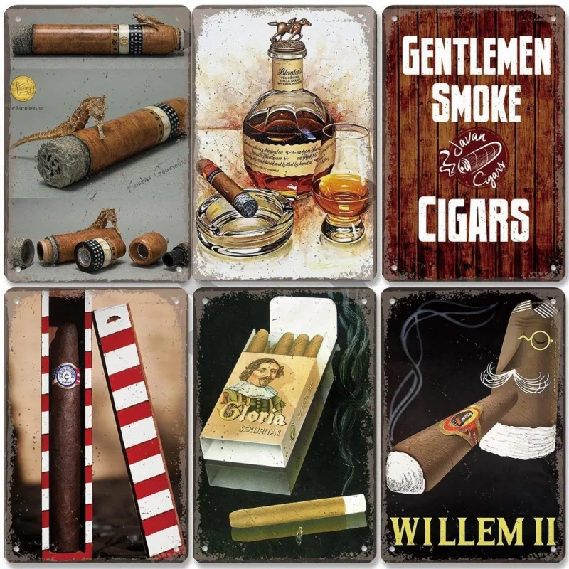 Metal Tin Poster Cigar Plaque Retro Metal Plate Gentleman Smoke Cigar Whisky Vintage Metal Tin Sign Bar Club Man Cave Wall Decor