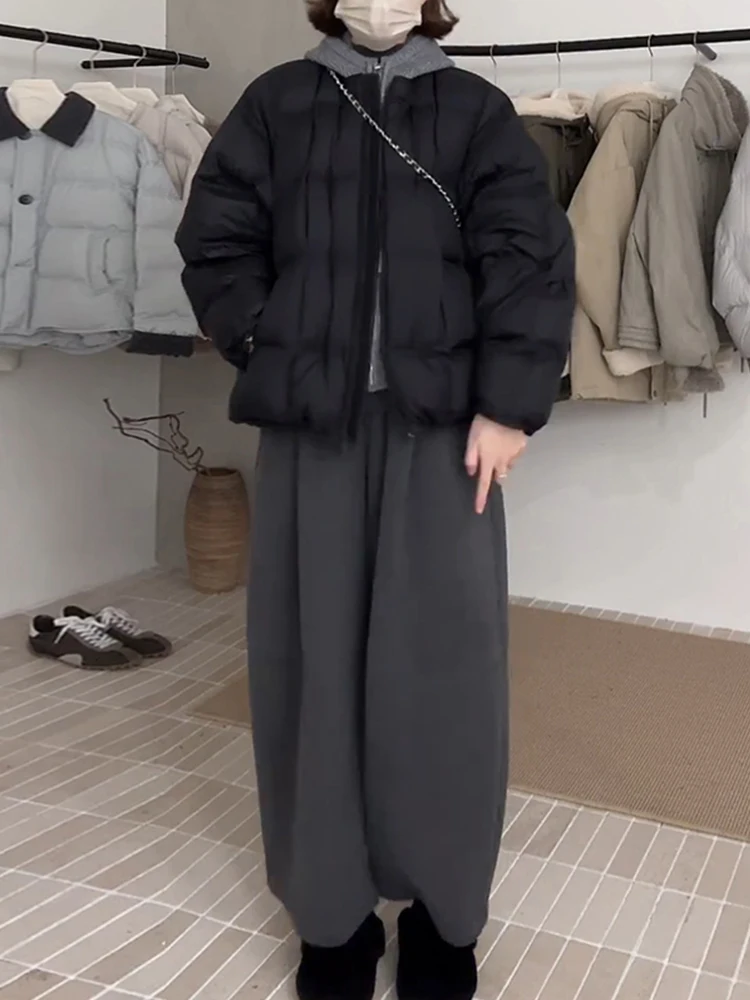 

Casual Warm Cotton Jacket Pants Set with Hood Wide Leg Pants Two Piece Suit Simple Style Daily Wear Winter Loose Fit