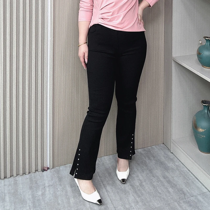 Elastic Waist Micro Flare Pants Women Autumn New Plus Size Slim Stretched Slit Leg Opening Casual Ankle Style Pants 320